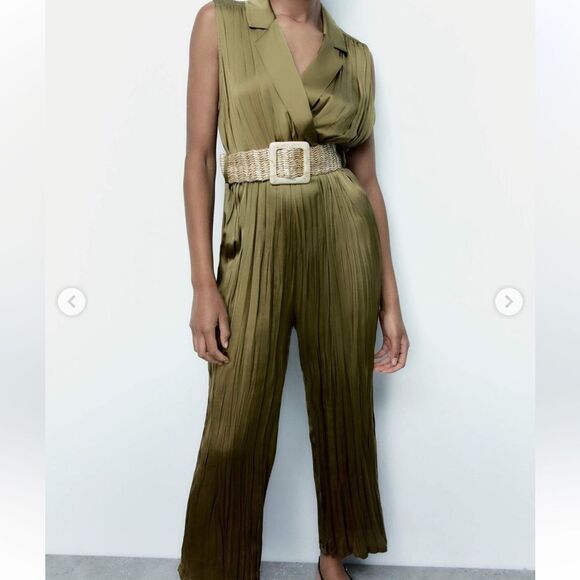 Zara olive green satin effect jumpsuit with belt - Picture 7 of 11
